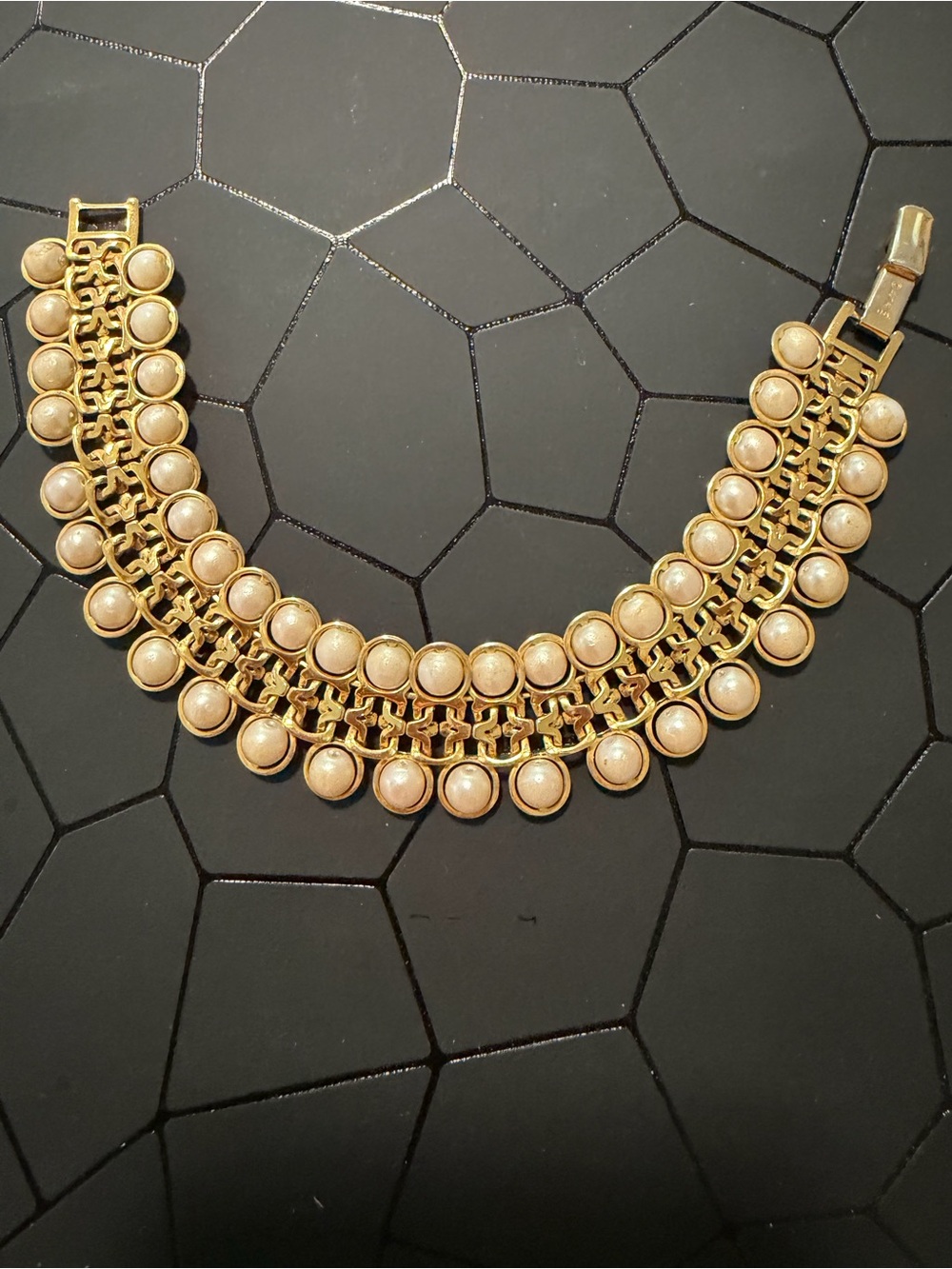 Avon Signed Bracelet Gold-Tone double Strand Row Faux Pearls 7.25” L x 7/8” Vtg
